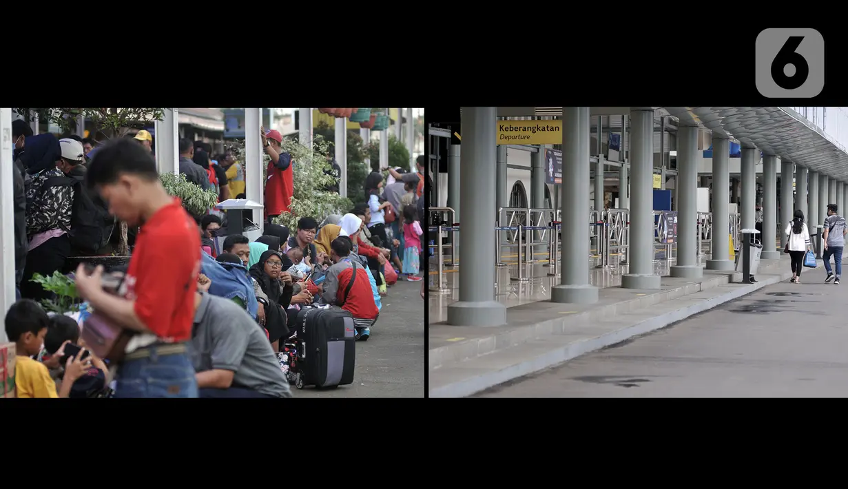 Foto kombo menunjukkan suasana arus mudik H-2 Idul Fitri 2019 (kiri) dan H-2 Idul Fitri 2020 (kanan) di Stasiun Pasar Senen, Jakarta, Jumat (22/5/2020). Larangan mudik bagi warga Jakarta karena pandemi COVID-19 menyebabkan pemandangan kontras di Stasiun Pasar Senen. (merdeka.com/Iqbal S. Nugroho)