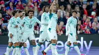 Pemain Portugal merayakan gol yang dicetak Goncalo Ramos ke gawang Norwegia dalam laga Grup 4 UEFA Nations League Group A 2026/2027 di Ullevaal Stadium, Oslo, Senin (28/9/2026) dini hari WIB. (Cornelius Poppe / NTB / AFP)