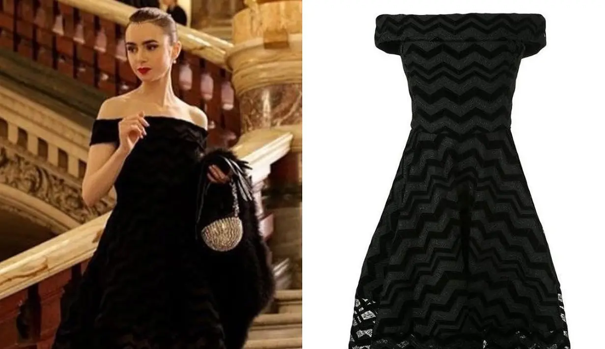 Emily tampil mengenakan gaun off-shoulder berwarna hitam dengan rambut yang ditata sanggul tinggi. Untuk menyempurnakan penampilan klasiknya, ia membawa statement clutch dan heels hitam yang berkilau. Foto: Instagram.