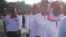 Para siswa yang dipilih dari berbagai SMA di DKI Jakarta ini sangat antusias melakukan latihan yang digelar di lapangan Monas, Jakarta, Kamis (7/8/2014) (Liputan6.com/Faizal Fanani)