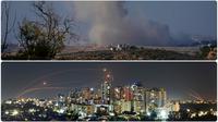 Foto kombinasi memperlihatkan sistem pertahanan udara Iron Dome mencegat roket yang ditembakkan dari Jalur Gaza (atas), sementara asap mengepul menyusul serangan udara Israel di Jalur Gaza (bawah). (AP Photo/Tsafrir Abayov/Ariel Schalit)