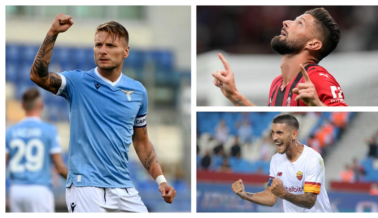 Liga Italia 2021/2022 yang baru menyelesaikan pekan kedua diwarnai aroma persaingan dua tim ibu kota, Lazio dan AS Roma dalam daftar top skor sementara. Striker Lazio, Ciro Immobile ditempel ketat gelandang AS Roma, Jordan Veretout. Berikut daftar lengkapnya. (Foto: Kolase AP)
