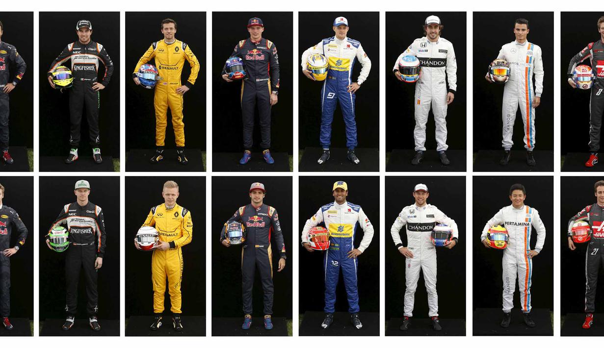 Pebalap Manor Racing F1, Rio Haryanto  (2 kanan bawah) bersama para pebalap Formula One saat mengikuti sesi foto di Sirkuit Albert Park, Australian Formula One Grand Prix, Melbourne.Kamis (17/3/2016). (REUTERS/Brandon Malone)