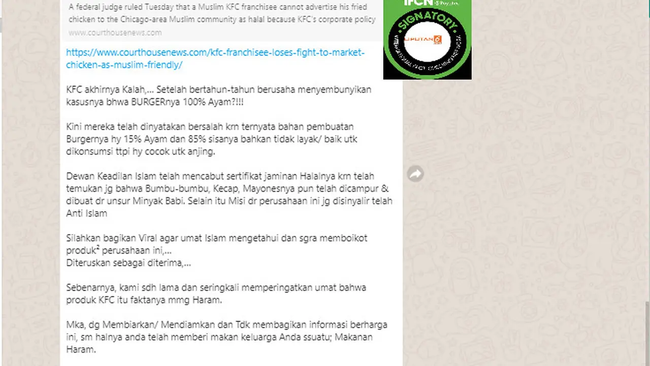 Cek Fakta Liputan6.com menelusuri klaim sertifikasi halal KFC dicabut karena mengandung minyak babi