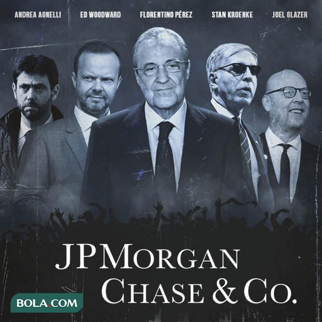 Ilustrasi - Andrea Agnelli, Ed Woodward, Florentino Perez, Stan Kroenke, Joel Glazer dan JP Morgan