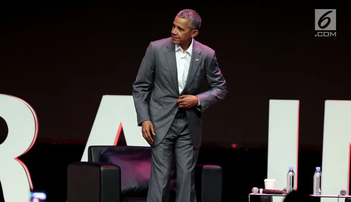 Presiden AS ke-44, Barack Obama saat menjadi pembicara dalam acara 4th Congress of Indonesian Diaspora di Kota Kasablanka, Jakarta, Sabtu (1/7). (Liputan6.com/Johan Tallo)