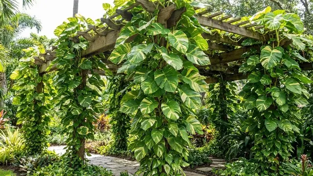 Ilustrasi Sirih Gading (Epipremnum aureum) di Pergola/Gemini AI