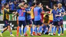 Tim nasional sepak bola Jepang memiliki julukan Samurai Blue atau Samurai Biru. Julukan ini berasal dari sejarah samurai negara ini serta warna biru sebagai warna kebesaran seragam utama mereka. (AP/Shuji Kajiyama)