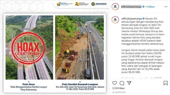 Gambar Tangkapan Layar Klarifikasi dari Akun Instagram PT Jasa Marga (Persero) Tbk