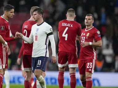 Inggris gagal meraup poin penuh usai ditahan imbang tamunya Hongaria 1-1 dalam laga Kualifikasi Piala Dunia 2022 Zona Eropa Grup I di Wembley Stadium, Selasa (12/10/2021). Three Lions sempat tertinggal pada menit ke-24 dan mampu menyamakan skor pada menit ke-37. (AP/Kirsty Wigglesworth)