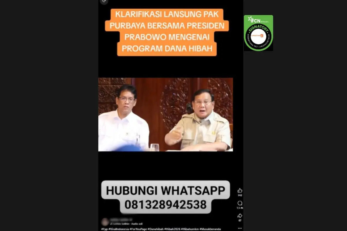 Cek Fakta Liputan6.com mendapati klaim video Presiden Prabowo Subianto dan Menkeu Purbaya Yudhi Sadewa mengumumkan bantuan dana hibah.