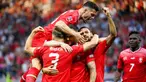 Pemain Swiss Haris Seferovic (tengah) merayakan gol ke gawang Portugal bersama rekan satu timnya saat pertandingan sepak bola Grup A2 UEFA Nations League di Stadion Stade de Geneve, Jenewa, Swiss, 12 Juni 2022. Portugal kalah tipis 0-1 dari Swiss. (Jean-Christophe Bott/Keystone via AP)