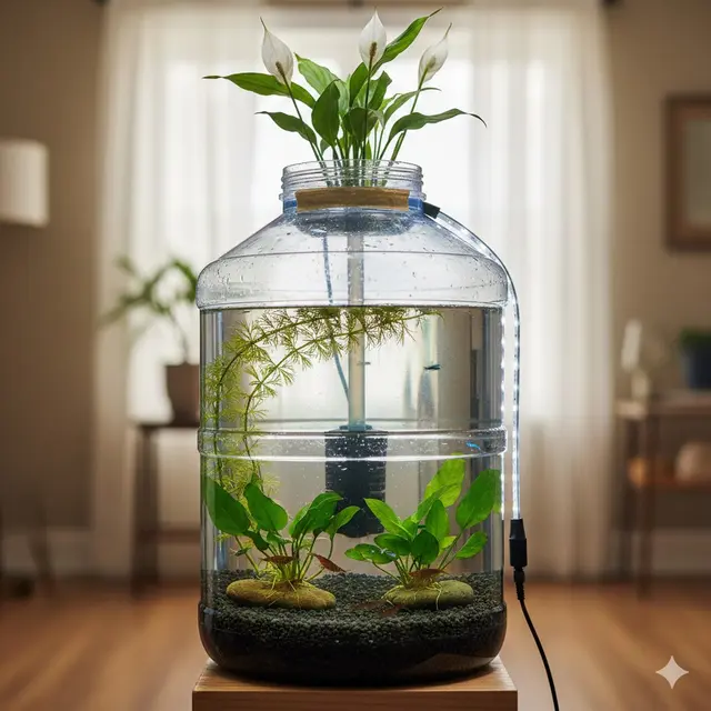 aquascape dari galon bekas (Gemini AI)