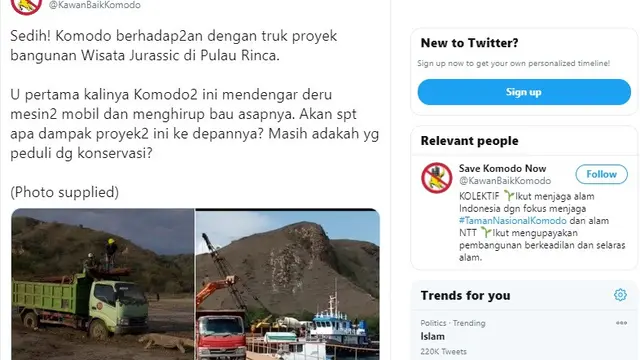 Akun twitter @KawanBaikKomodo menampilkan foto seekor Komodo sedang berada di dekat truk proyek di Pulau Rinca