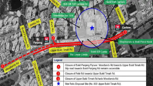 Penutupan jalan selama pembuangan bom 100 kg peninggalan Perang Dunia II di Singapura secara terkendali. (Dokumentasi SPF)