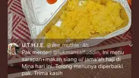 Seorang netizen curhat soal makanan yang didapatnya dari katering haji. (www.kemenag.go.id)