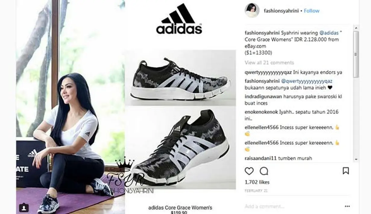 Selain glamor, Syahrini juga sering bergaya kasual dan sederhana. Dan kali ini ia memakai sneakers berwarna hitam putih. Untuk harganya, bisa dibilang terjangkau untuk seorang Syahrini, yakni mencapai Rp. 2.128.000. (Instagram/fashionsyahrini)