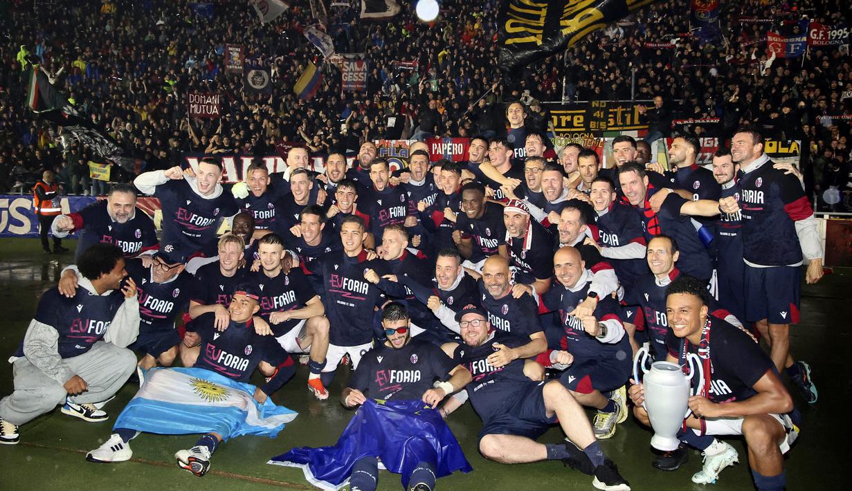 Bologna dipastikan dapat slot untuk tampil pada Liga Champions 2024-2025. Itu menjadi penantian panjang mereka setelah 60 tahun absen. (Michele Nucci/LaPresse via AP)