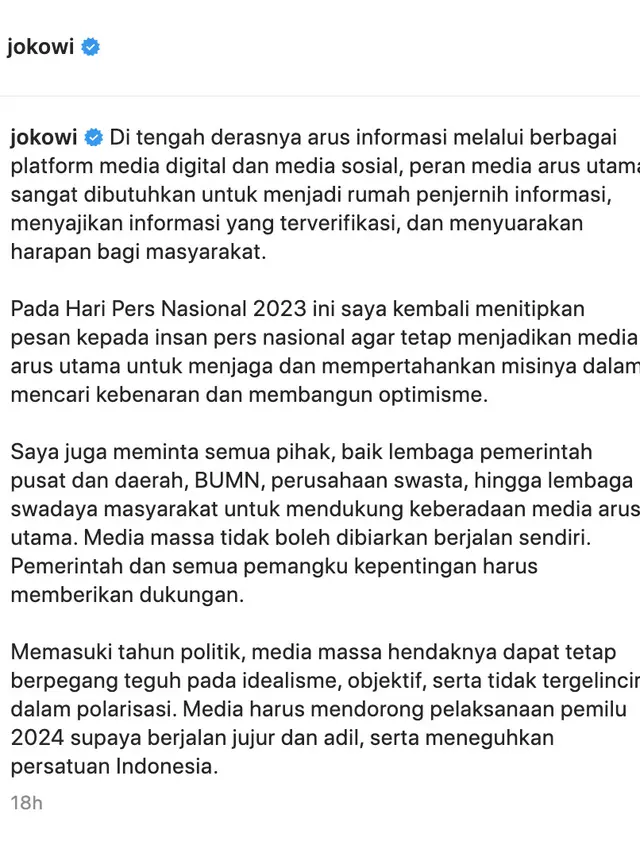 Pesan Jokowi saat merayakan Hari Pers Nasional 2023. (Foto: Dok. Instagram terverifikasi @jokowi)