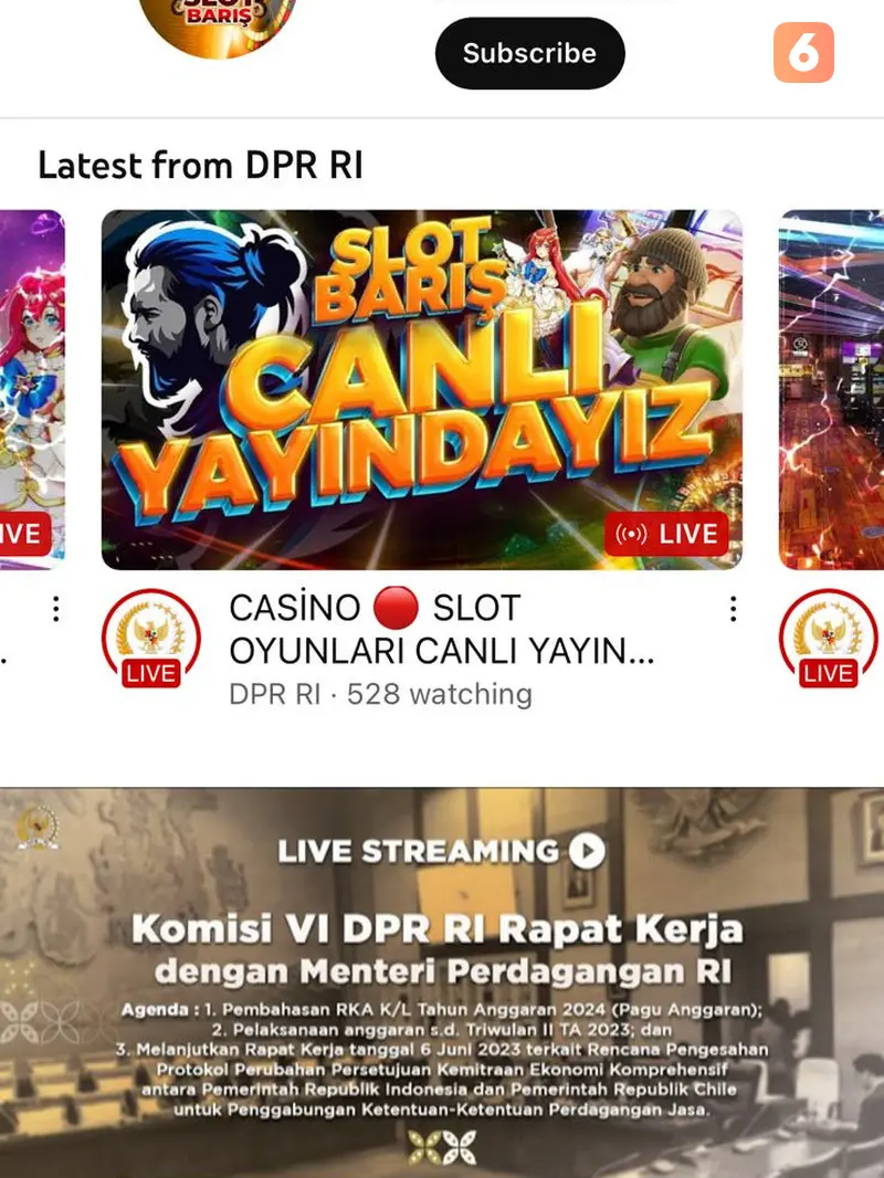 Akun YouTube DPR RI diretas dan dipakai untuk menayangkan live streaming judi online (Liputan6.com/ Agustin Setyo W)