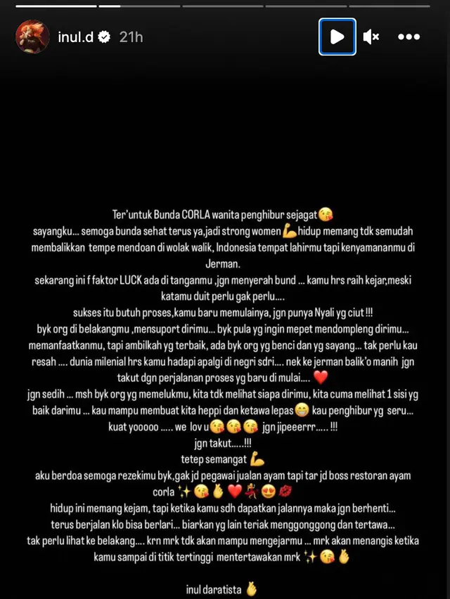 Pesan terbuka Inul Daratista untuk Bunda Corla. (Foto: Dok. Instagram @inul.d)