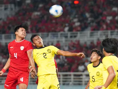 Pemain Timnas Indonesia U-19, Kadek Arel Priyatna (kiri) berduel udara dengan pemain Malaysia U-19, Muhamad Ridzwan Bin Rosli saat laga semifinal Piala AFF U-19 2024 di Stadion Gelora Bung Tomo, Surabaya, Sabtu (27/07/2024). (Dok. PSSI)