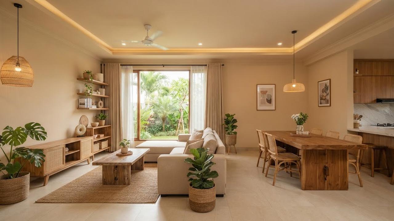 Ide warna plafon selain putih yang tetap membuat ruangan terlihat lapang model beige untuk plafon dan dinding senada