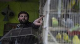 Seorang pemilik toko burung menunjuk burung beonya di pasar burung di Kabul, Afghanistan, Selasa (16/11/2021). Bagi warga Kabul burung dapat membantu membawa bantuan dari tekanan kehidupan di ibukota Afghanistan, yang dilanda serangkaian serangan. (AP Photo/Petros Giannakouris)