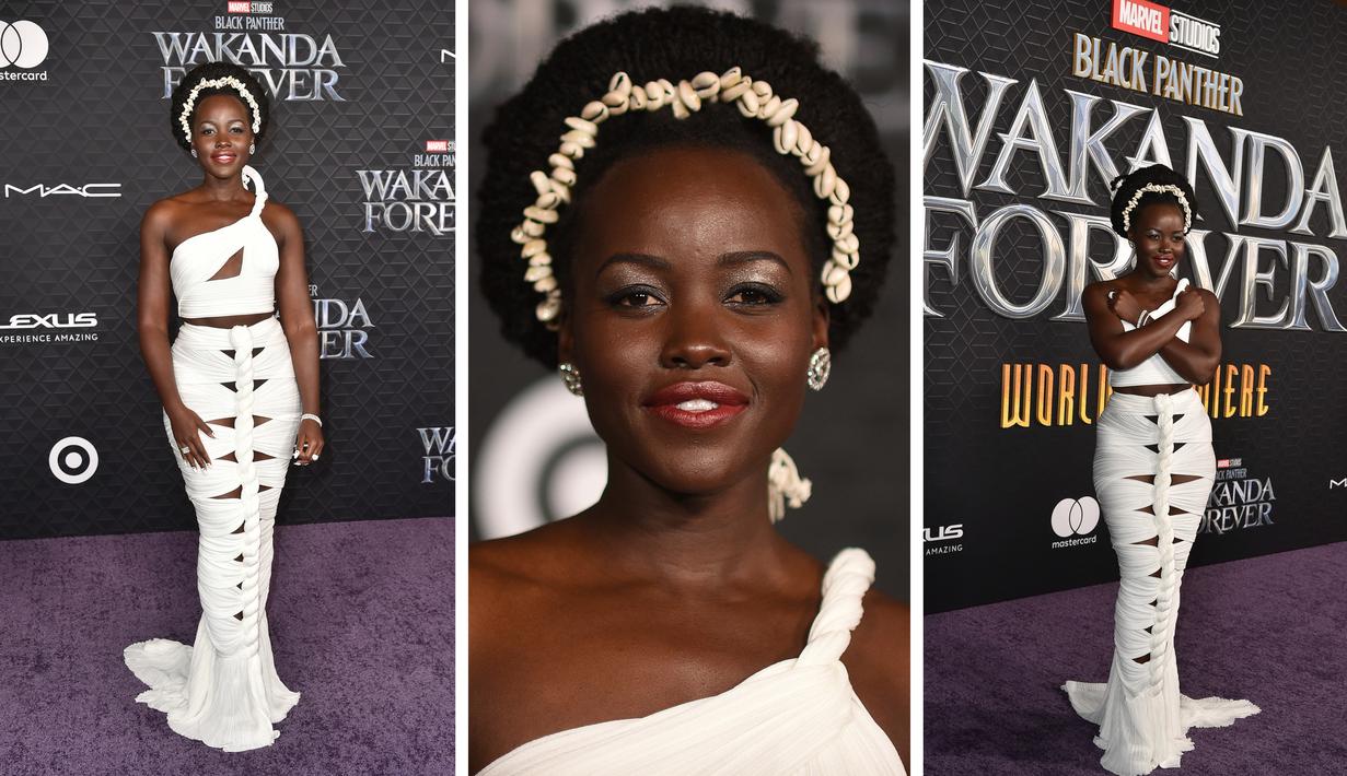 Foto kolase Lupita Nyong'o saat menghadiri pemutaran perdana film Black Panther: Wakanda Forever" di Dolby Theatre di Los Angeles pada Rabu, 26 Oktober 2022. (Photo by Richard Shotwell/Invision/AP)