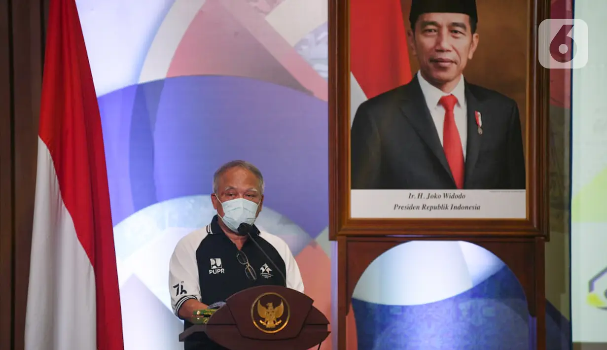 Menteri Pekerjaan Umum dan Perumahan Rakyat, Basuki Hadimuljono memberi sambutan pada puncak perayaan Hari Perumahan  Nasional di Jakarta, Rabu (25/8/2021). Berdasarkan data PAN RB sektor properti atau real estate tumbuh positif pada triwulan I-2021 sebesar 0,94 persen. (Liputan6.com/HO/Satria)