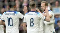 Para pemain Inggris merayakan gol Harry Kane ke gawang Ukraina dalam Kualifikasi Euro 2024 yang digelar di Stadion Wembley, Minggu (26/3/2023) waktu setempat.&nbsp;(AP Photo/Alastair Grant)