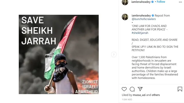 Unggahan Lena Headey tentang Palestina. (Instagram/iamlenaheadey)