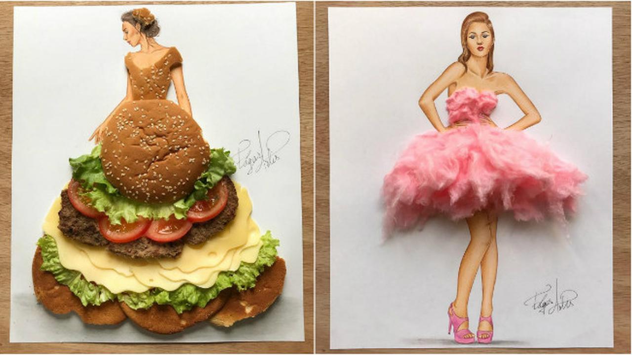 Seorang perancang busana memberi sentuhan kreatif dengan menambahkan makanan-makanan tertentu pada sketsa baju yang dibuatnya.
