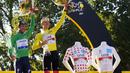 Tadej Pogacar (kanan) berhasil mempertahankan gelar juara di Tour de France 2021. Dirinya bahkan rebut tiga gelar kategori sekaligus, yaitu klasifikasi umum, klasifikasi pegunungan, dan klasifikasi pembalap muda. Sementara klasifikasi poin disabet oleh Mark Cavendish. (Foto: AFP/Thomas Samson)