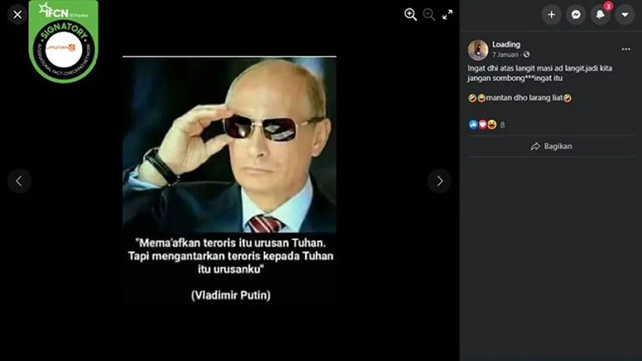 Gambar Tangkapan Layar Pernyataan Vladimir Putin terkait Teroris (sumber: Facebook)