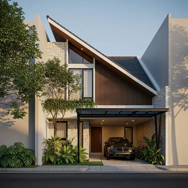 Desain Rumah Sempit Atap Miring ke Belakang
