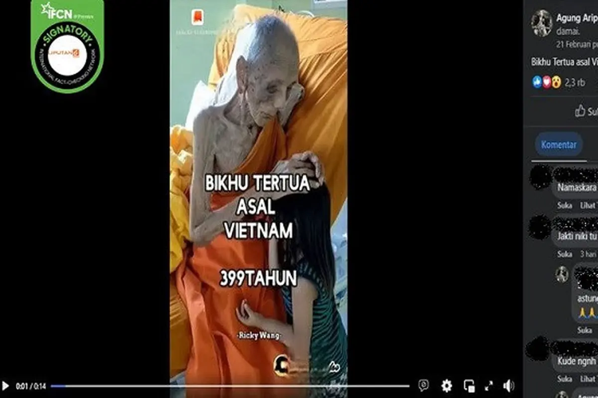 Gambar Tangkapan Layar Video yang Diklaim Seorang Biksu Tertua Asal Vietnam Berusia 399 tahun (sumber: Facebook).