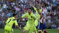 Ekspresi Lionel Messi usai mencetak gol ke gawang Atletico Madrid. ( REUTERS/Andrea Comas)