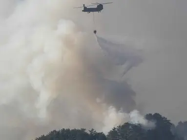 Sebuah helikopter Pasukan Bela Diri Jepang menjatuhkan air ke bagian depan kobaran api di dekat kota Otsuchi, Prefektur Iwate, Jepang pada Sabtu 25 April 2026. Hingga Ribuan petugas pemadam kebakaran masih berjuang memadamkan kebakaran hutan wilayah Otsuchi, Prefektur Iwate, Jepang. (ANDREW CABALLERO-REYNOLDS/AFP)