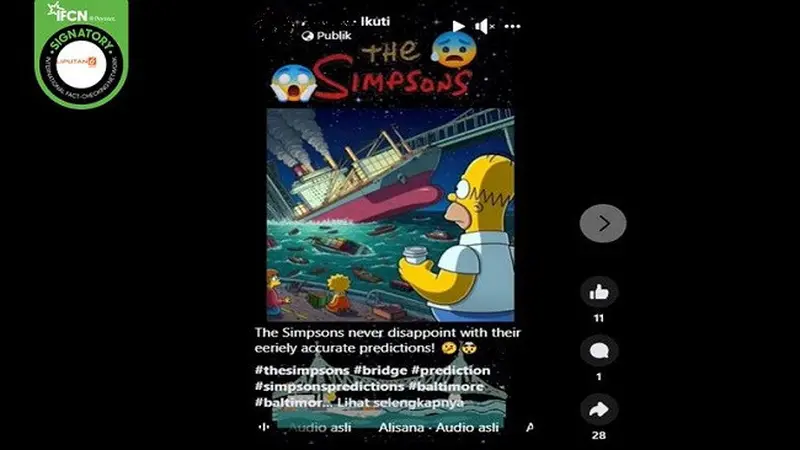 Kabar tentang kartun The Simpsons memprediksi runtuhnya jembatan Francis Scott Key di Baltimore, Amerika Serikat. (sumber: Facebook)