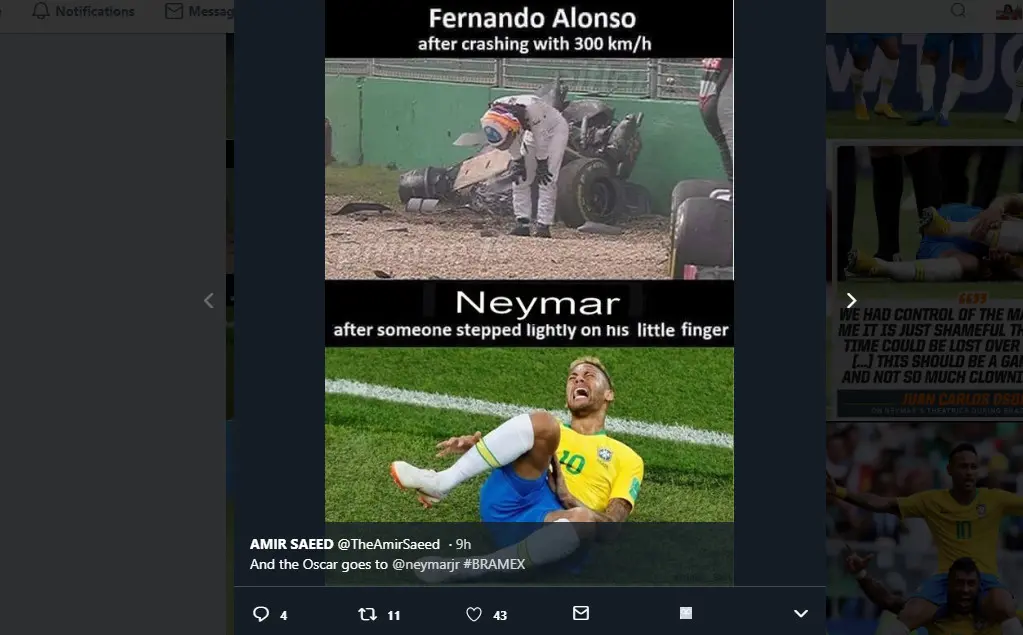 Neymar yang jatuh disenggol pemain lawan dibandingkan dengan pebalap F1 Fernando Alonso yang mobilnya nabrak tetapi masih bisa berdiri (Foto: Twitter @TheAmirSaeed)