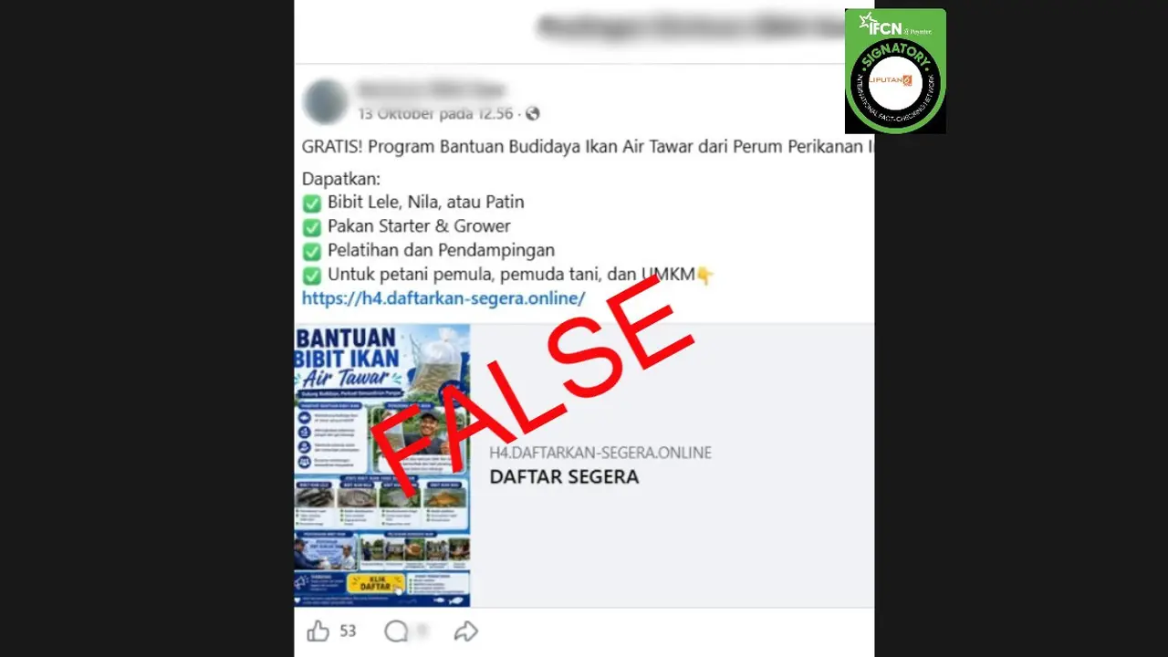 Cek Fakta Liputan6.com menemukan klaim link pendaftaran bantuan budidaya ikan air tawar seperti lele dan patin secara gratis.