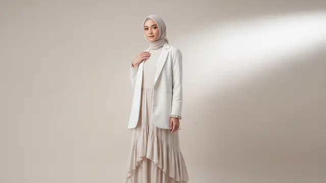 Gamis Polos Model Ruffle dengan Blazer Tanpa Kancing Minimalist Cut