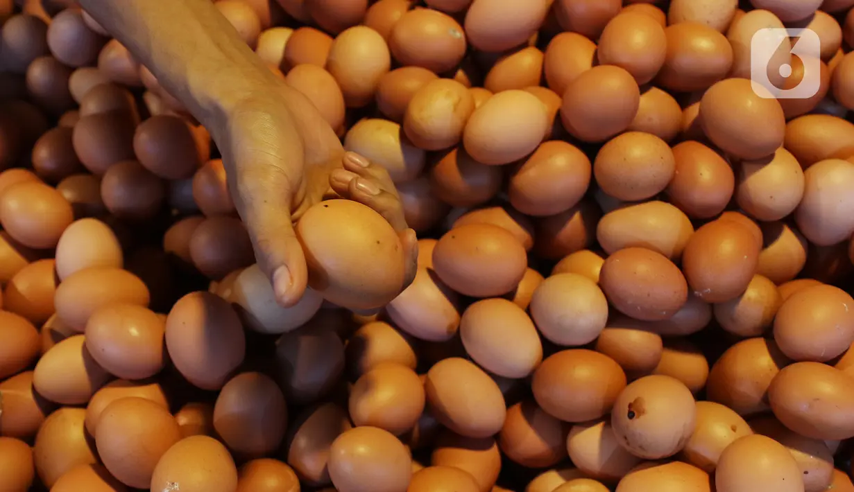 Aktivitas jual beli telur di pasar Kebayoran Lama, Jakarta, Kamis (5/7/2020).  Pemerintah lewat Kementerian Pertanian (Kementan) melarang peredaran telur ayam infertil atau telur HE (hatched eggs), tapi kenyataannya masih banyak diperjualbelikan di pasar. (Liputan6.com/Johan Tallo)