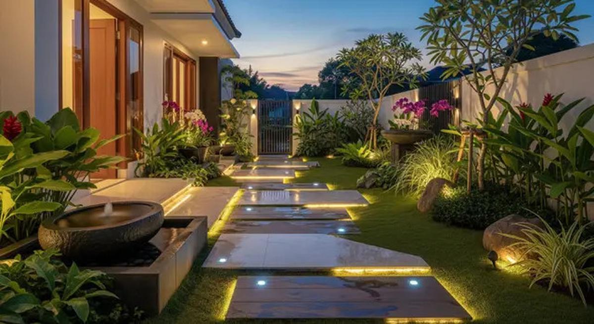 8 Model Taman Depan Rumah dengan Lampu Sorot Estetik dan Anti Ular, Ini Tips Penataannya