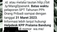 Direktorat Jenderal Pajak (DJP) Kementerian Keuangan (Kemenkeu) mengirimkan surat cinta kepada wajib pajak yang mengajak untuk melaporkan Surat Pemberitahuan Tahunan Pajak Penghasilan atau SPT Tahunan PPh. (Istimewa)