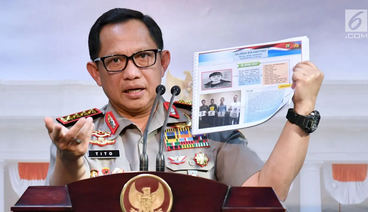 Kapolri Jenderal Tito Karnavian menunjukkan sketsa tersangka kasus penyerangan Novel Baswedan usai pertemuan tertutup dengan Presiden RI Jokowi di Istana, Jakarta, Senin (31/7). (Laily Rachev/Biro Pers Setpres)