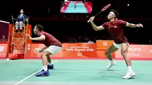 Aksi ganda putra Indonesia, Fajar Alfian/Muhammad Shohibul Fiqri, di semifinal bulutangkis beregu putra Asian Games 2026, di Jepang, Kamis (24/9/2026). (PBSI)