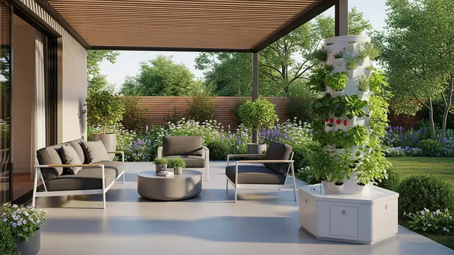 Desain Teras Semi Terbuka dengan Kebun Vertikal Tanaman Buah Kecil/Gemini AI