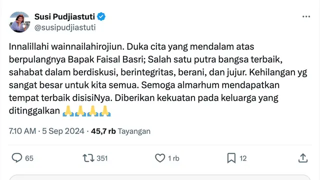 Unggahan Susi Pudjiastuti. (Foto: Dok. Twitter @susipudjiastuti)